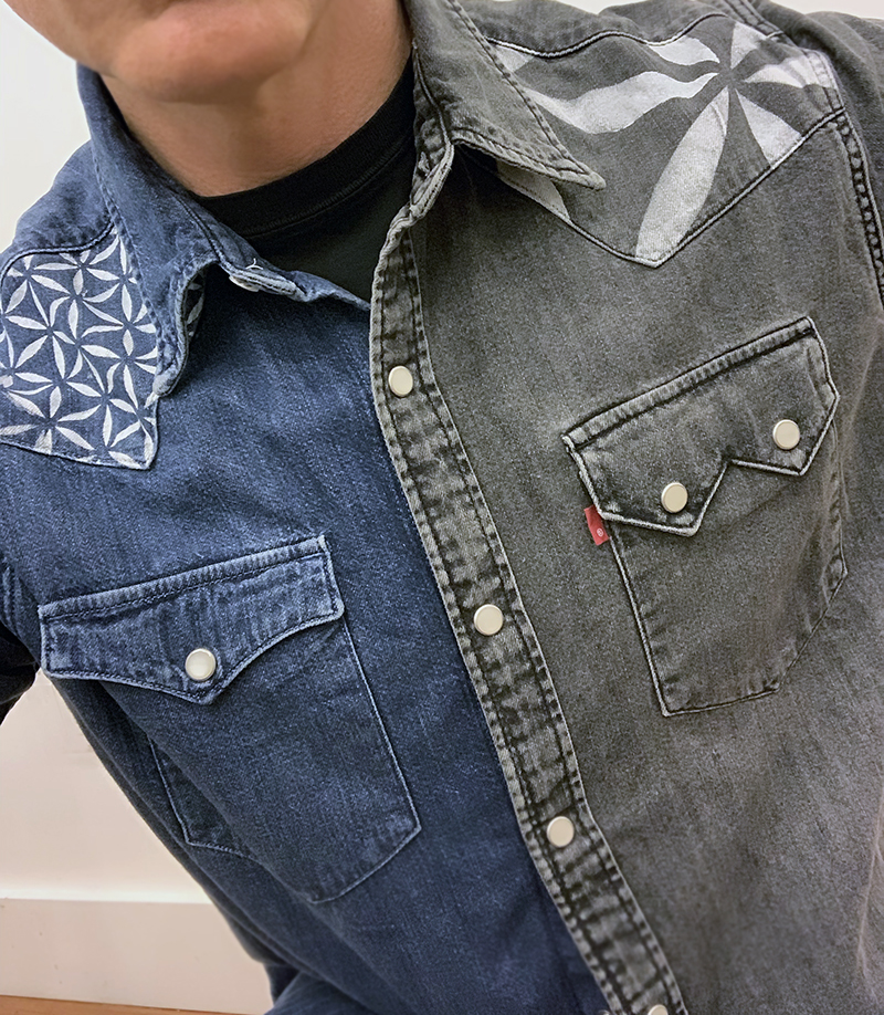 Split Stenciled Denim Shirt with Moroccan Petals stencil small