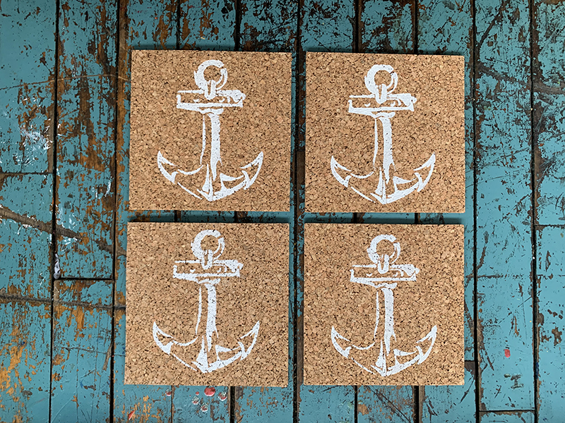 Anchor Stencil Small Applied on Cork Coasters